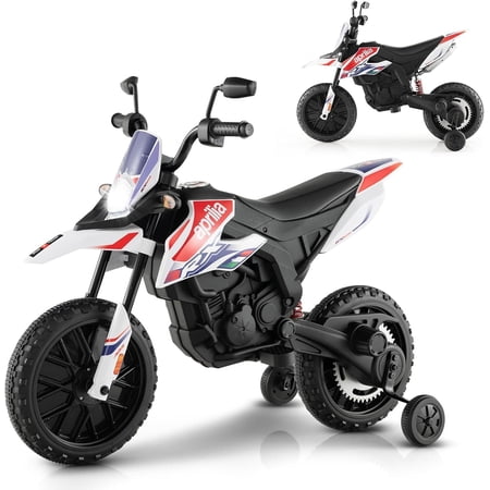 OLAKIDS Kids Motorcycle 12V, Licensed Aprilia RX125 Electric Ride-on Motorbike for Toddlers with Training Wheels, Spring Suspension, Headlight, Music, Children Ages 3-8 (Red)