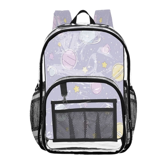 PVC Transparent Backpacks Clear Backpack for Travel and Outings Pastel Purple Planets and Stars