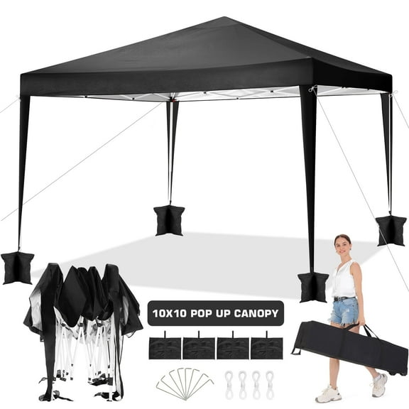 10 x 10 FT Outdoor Pop-Up Canopy, Instant Party Tent, Camping Beach Gazebo, 3 Height Adjustable with 8 Stakes, 4 Sandbags, 4 Wind Ropes, Carrying Bag, Black