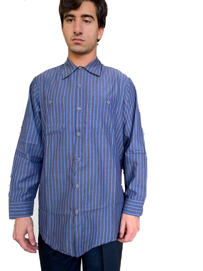 Men's Industrial Shirt, Charcoal with Blue Stripe Long Sleeve Work ...