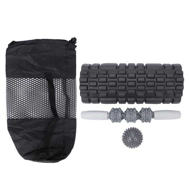 Juego de rodillos de masaje de espuma para relajar músculos huecos, portátil, para fitness, yoga, cintura, cuello y espalda, traje negro de cuatro piezas.