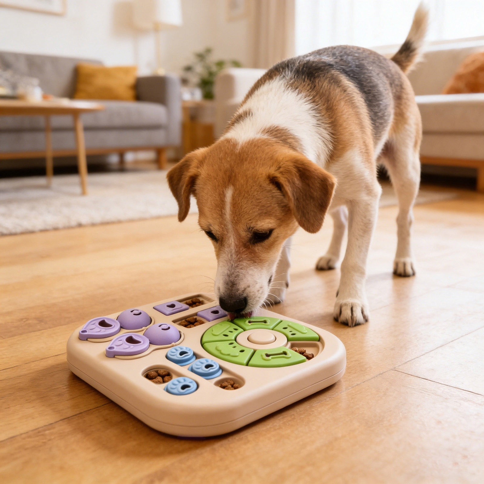 Dog Puzzle Toy Slow Feeder, Interactive Treat Dispenser for Mental Stimulation - Enrichment Snuffle Mat with Spinning Wheel & Buttons for Dogs Puppies Cats, Boredom Breaker (Beige)