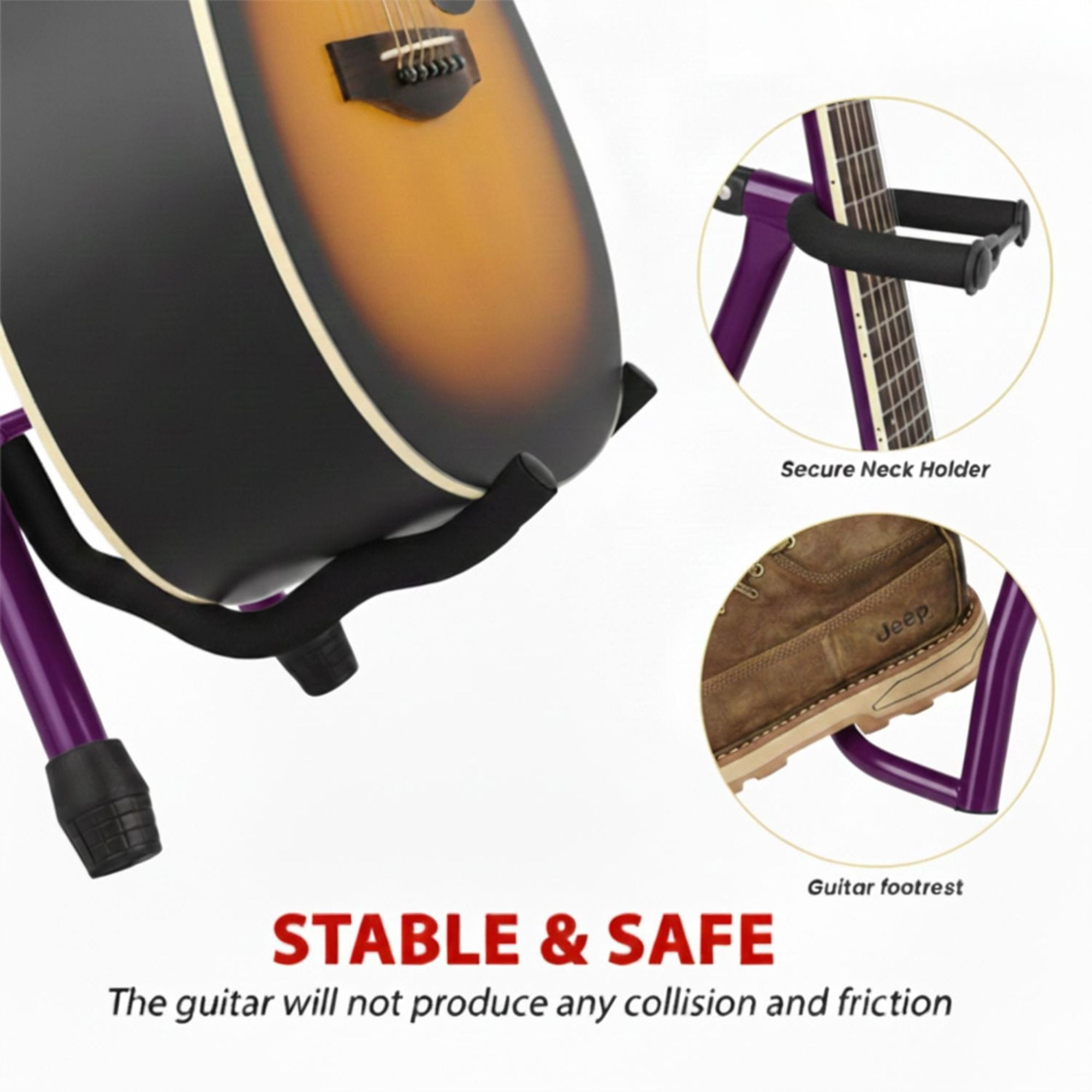 Padded Guitar Stool with Backrest, Built-in Stand & Footrest - Purple