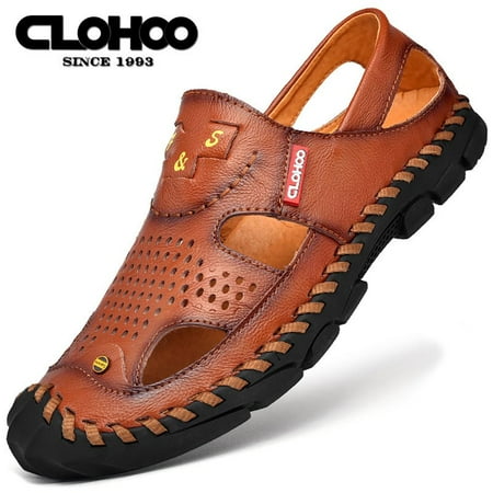 

CLOHOO Men‘s Sandals Leather Durable Handmade Stitching Close Toe Non Slip Shoes For Indoor Outdoor Beach