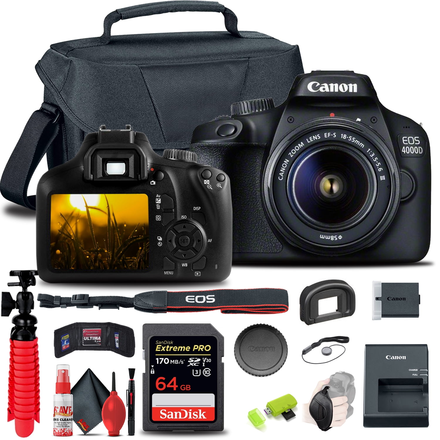 Canon EOS 4000D / Rebel T100 DSLR Camera with 18-55mm Lens + 64GB Card + More(International Model)