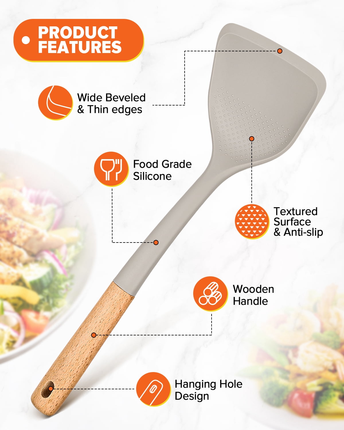 Badiano 4 Pack Wood Handle Silicone Kitchen Cooking Utensils Set for Nonstick Cookware Surface,Khaki