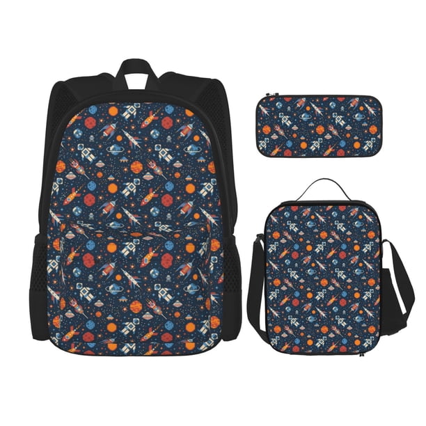 Disketp Spaceships And Stars In Outer Space Mochila Estampada de Gran Capacidad con Lonchera y Estuche, Set de 3 Piezas para Estudiantes