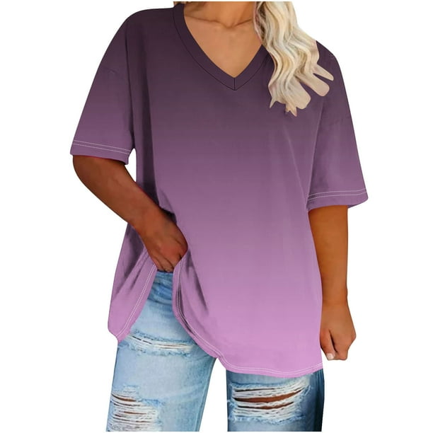 Camisetas de Verano de las Mujeres de Manga Corta con Cuello en V de Gran Tamaño Camiseta Deportiva Sólida, Base Cómoda Casual