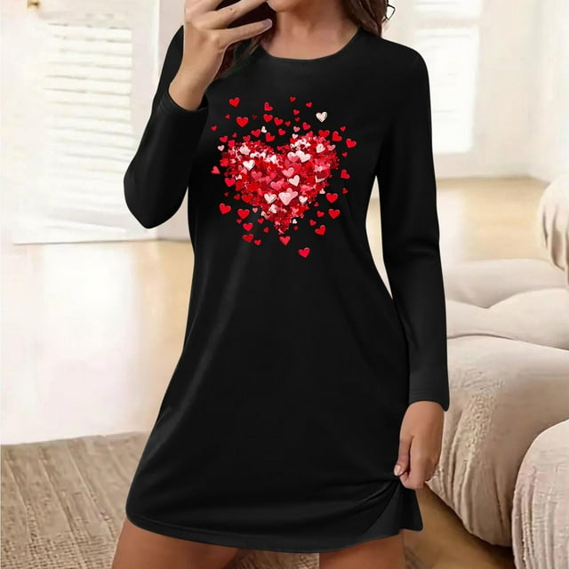 Camisón corto holgado y cómodo con cuello redondo y manga larga estampado para mujer