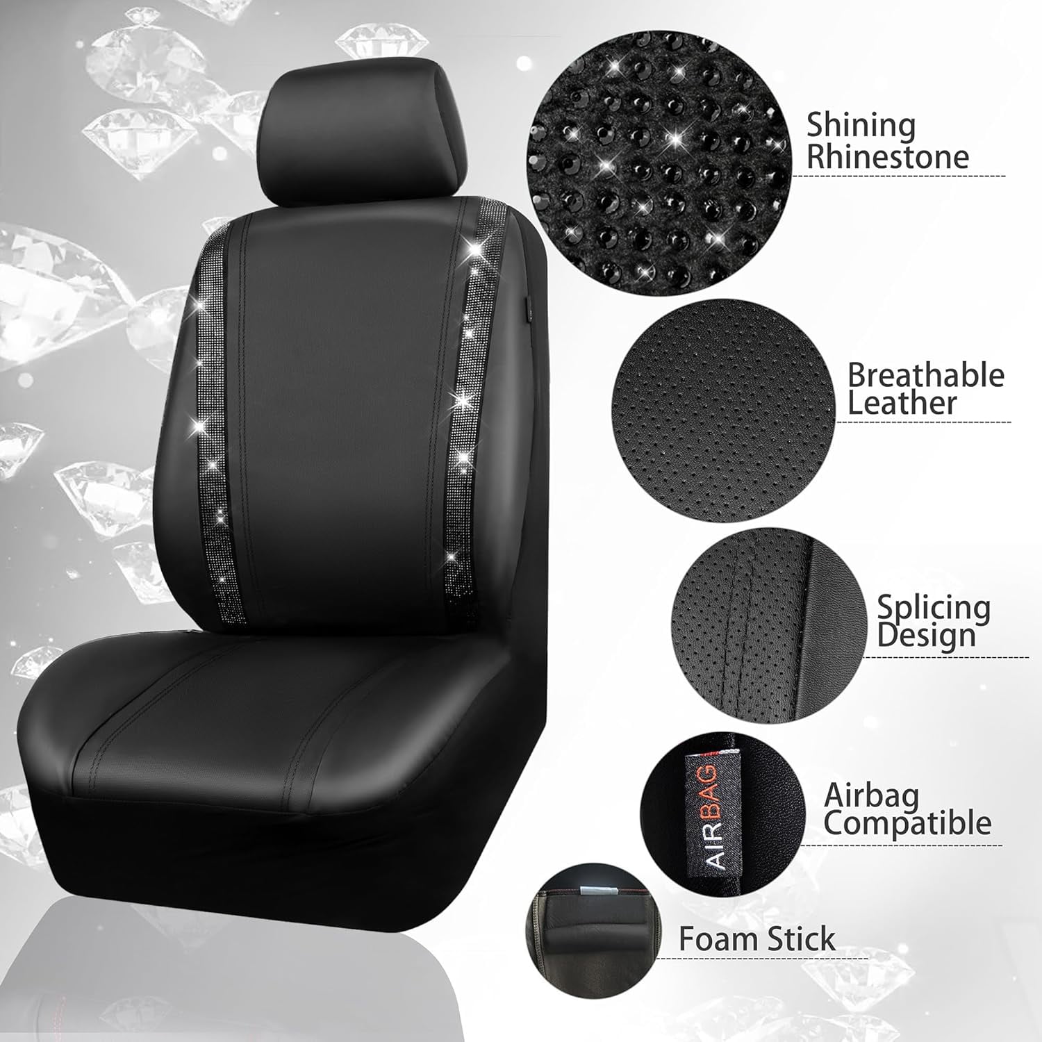 CAR PASS 11 PCS Bling Diamond Car Accessories for Women, Sparkly Rhinestone Steering Wheel Cover, Bling Seat Belt Cushion, Glitter Shift Knob Cover, Car Cup Holder Coaster, Cute Interior Sets Black