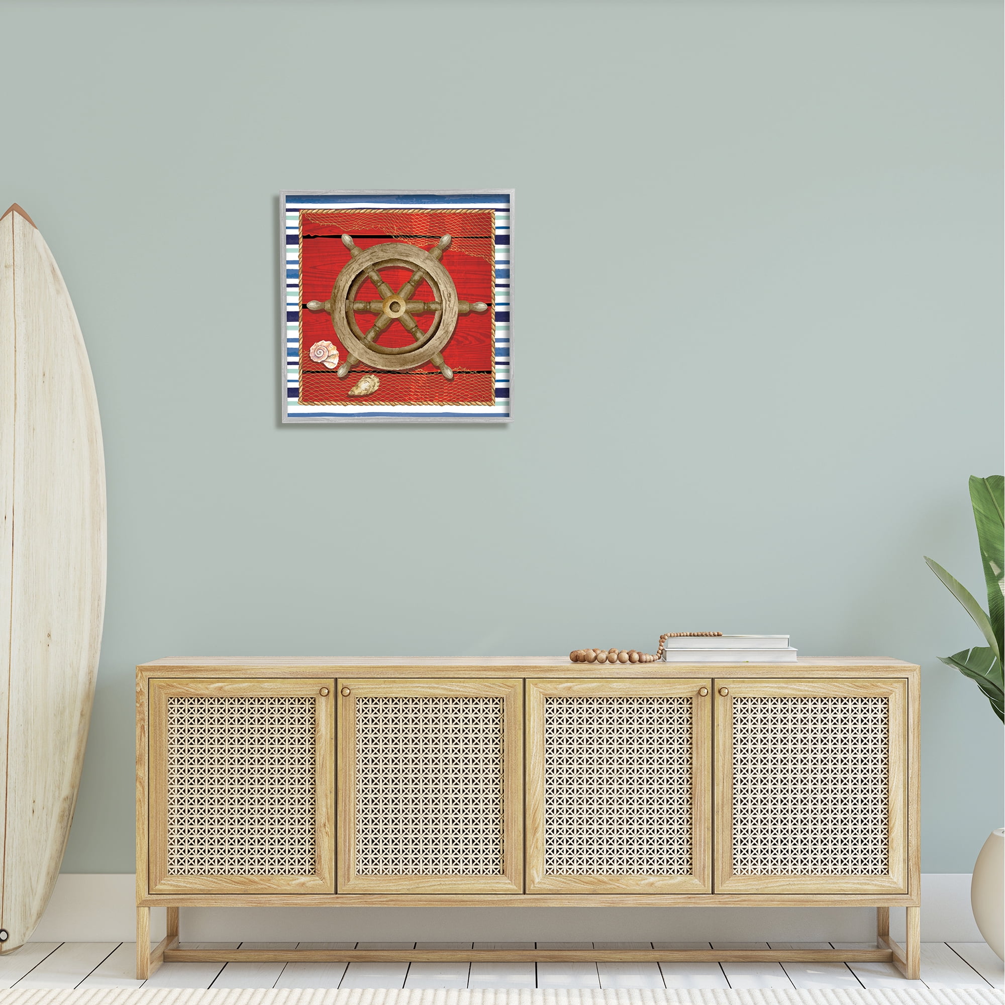 Stupell Nautical Boat Helm Striped Maritime Landscape Painting Gray Framed Art Print Wall Art