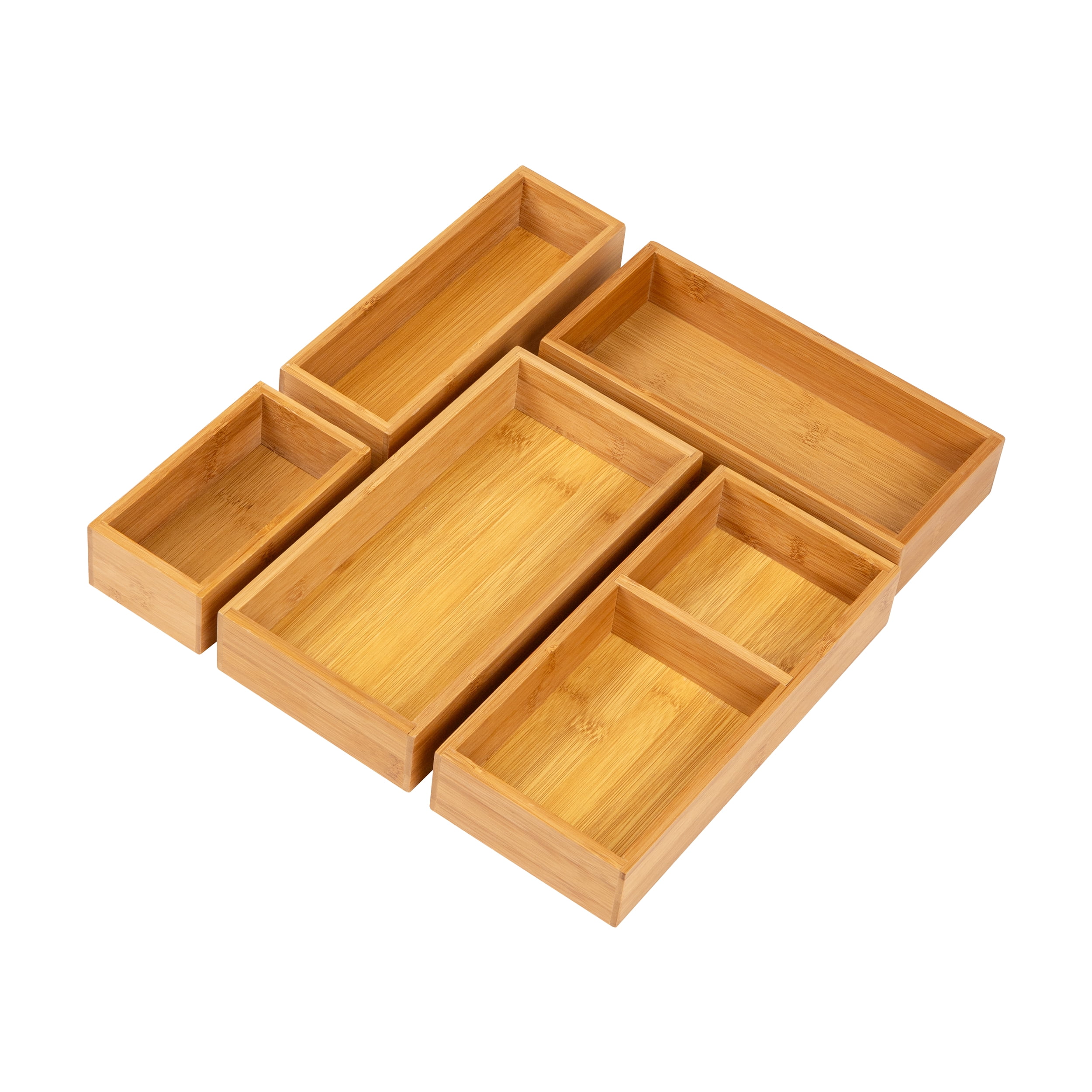 Mind Reader 5-Piece Bamboo Drawer Organizer Set, Stackable Storage Trays for Kitchen, Bathroom, Office, Rayon from Bamboo, Brown