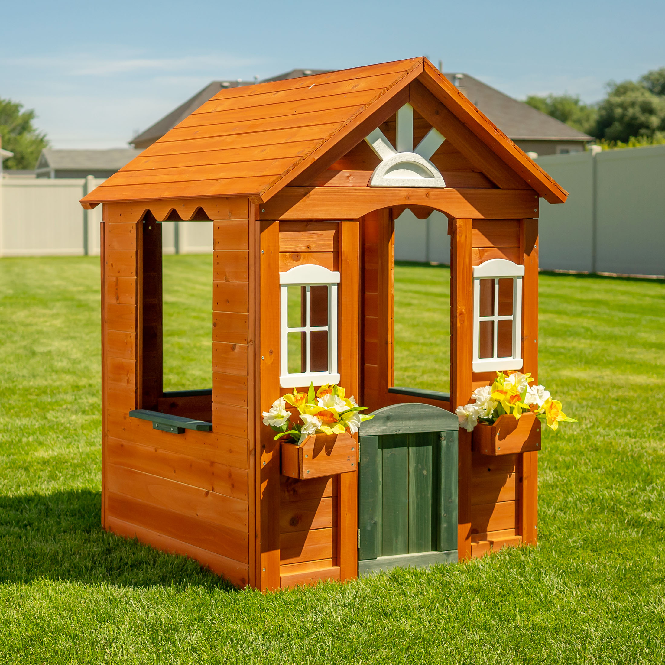 Sportspower Bellevue Kids Wooden Playhouse with Fun Colored Working Front Door, White Trim Windows, and Flower Pot Holders - image 3 of 13