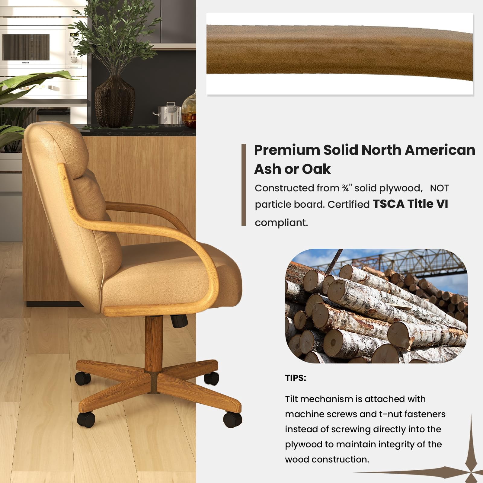 Chromcraft Douglas Swivel Tilt Dining Chair with Casters – Comfortable Cushioned Seat for Kitchen & Home Office, Taupe Upholstery, Chestnut Wood Accents, 1-piece set