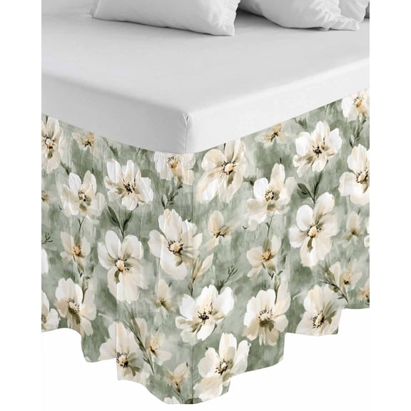 Sage Green Spring Floral Wrap Around Bed Skirts for King Bed 16" Drop, Bed Skirt with Adjustable Elastic Belt Dust Ruffle Bed Valance for Bedroom Hotel Luxury Summer Botanical Flowers Bed Frame Cover