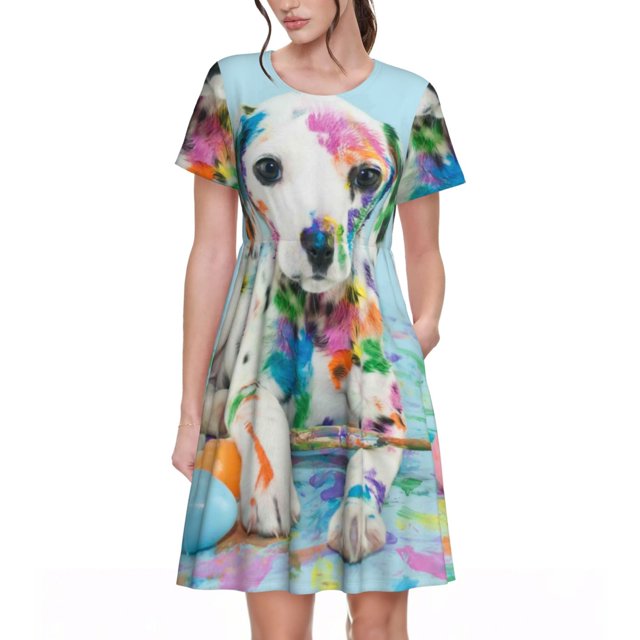 Disketp A Funny Little Dalmatian Puppy para Vestido de Manga Corta para Mujeres, Vestidos de Verano para Mujeres, Casual y Holgado para la Playa