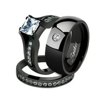 Black Ion Plated Stainless Steel His and Hers 3pc Wedding Engagement Ring Band Set Women's Size 06 Men's 08mm Size 14