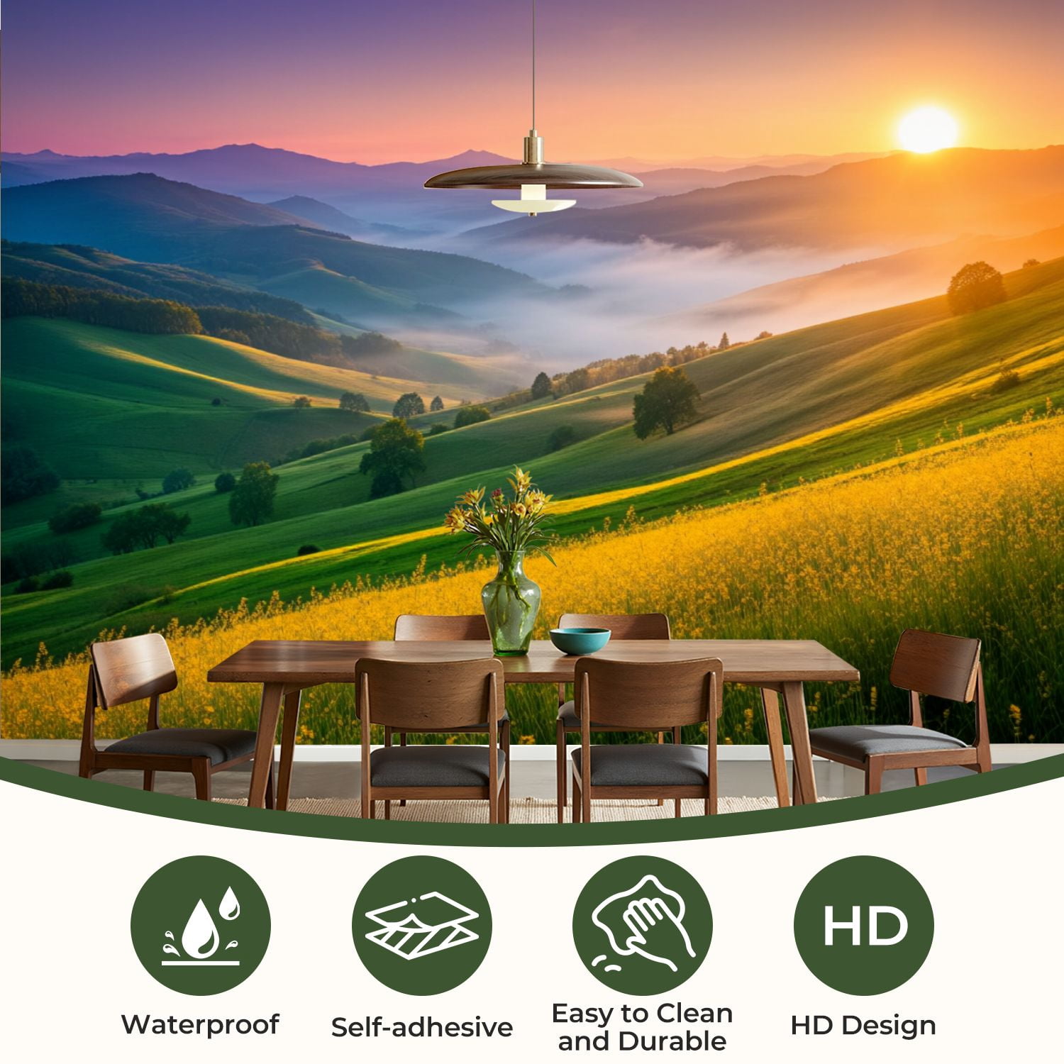 69"x98" Wall Mural Peel and Stick Wallpaper Serene Mountain Valley Sunrise Misty Hills Vibrant Wall Decor Self Adhesive Removable Wall Stickers for Bedroom Living Room