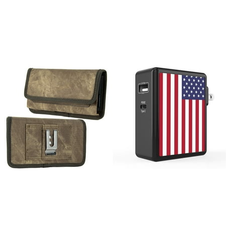 

Holster and Wall Charger Bundle for Nokia C200: Rugged Denim Nylon Belt Pouch Case (Tan Brown) and 45W 2 Port (Power Delivery USB-C USB-A) Power Adapter (American USA Flag)