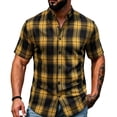 thumbnail image 2 of Xcmzpl Men's Banded Collar Plaid Shirt Short Sleeve Casual Button Down Shirts Vintage Color Block Stand Collar Tshirts Yellow L, 2 of 10