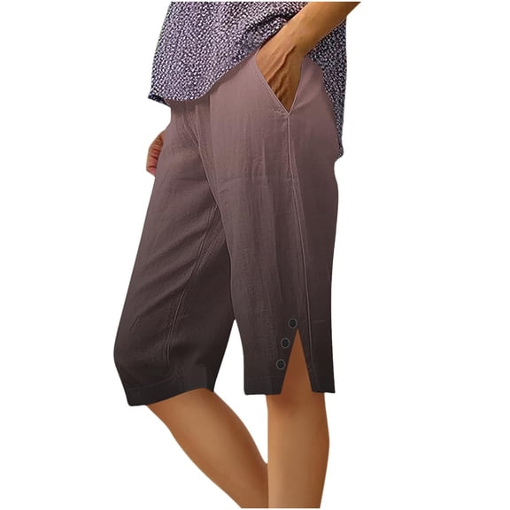 CQONEPT Women Color Block Capris Straight Leg Pant with Pockets Summer Beach Pants Side Slit Cropped Pant Wine M