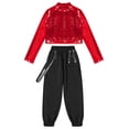 thumbnail image 3 of YiZYiF Kids Girls 2Pcs Hip Hop Jazz Dance Outfit Shiny Crop Top with Chain Pocket Sweatpants Athletic Gym Suit Red 12, 3 of 5
