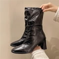 thumbnail image 6 of Women's Pleated Mid-Calf Boots Solid Color Chunky Heel Pointed Toe Back Zipper Casual Stylish Footwear for Winter, 6 of 7