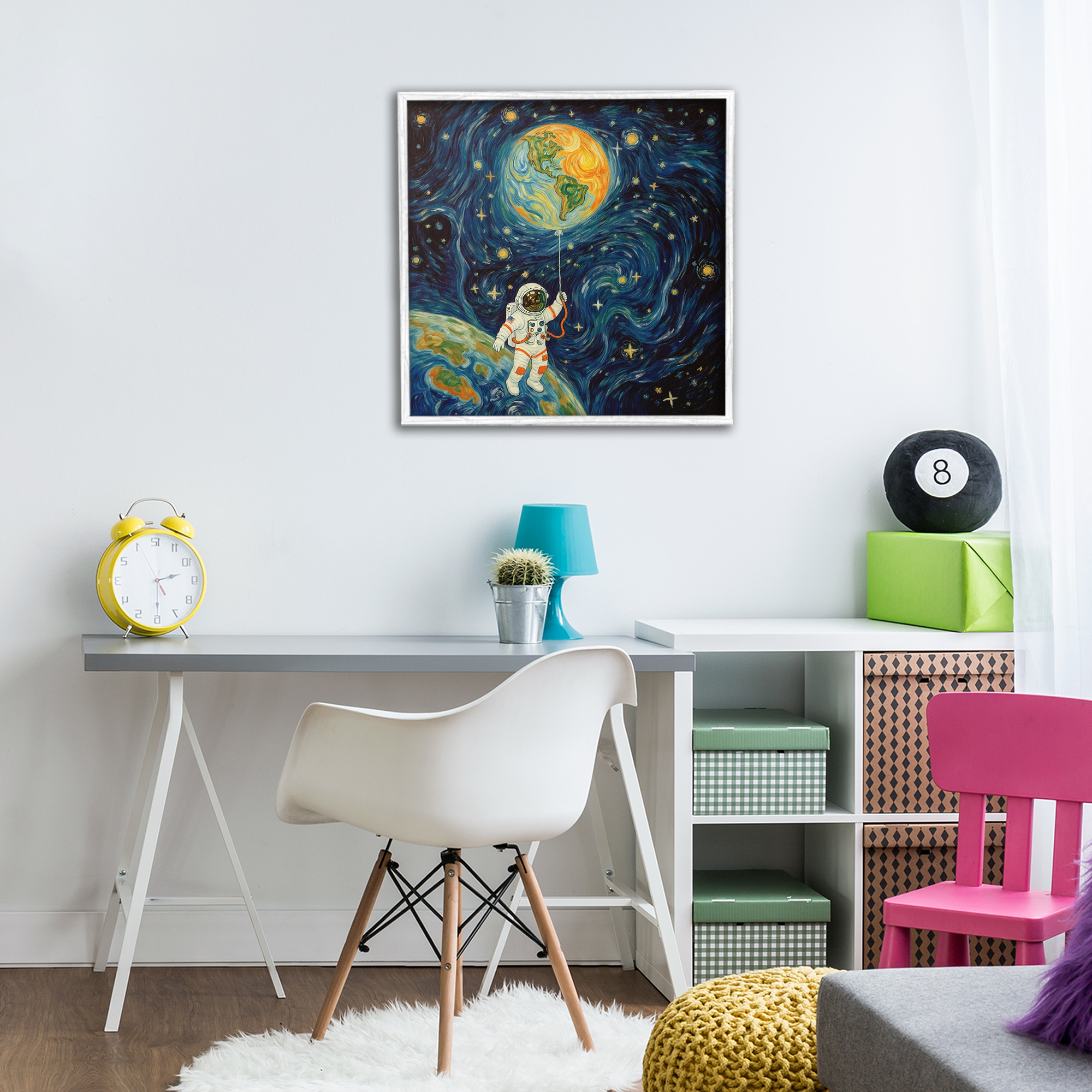 Astronaut with Earth Balloon White Framed Giclee Art, design by Angie Hawke