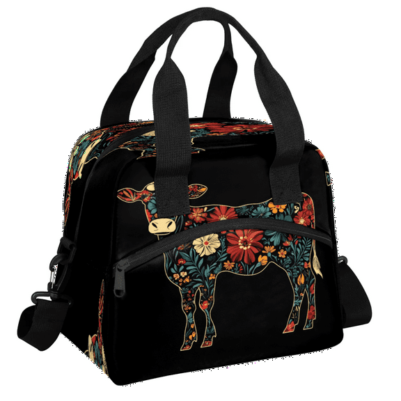 Herdesigns Cow Lunch Bag for Women Men Adult, Boho Floral Large Insulated Reusable Lunch Box Leakproof Portable Cooler Tote Bags for Work Picnic Beach