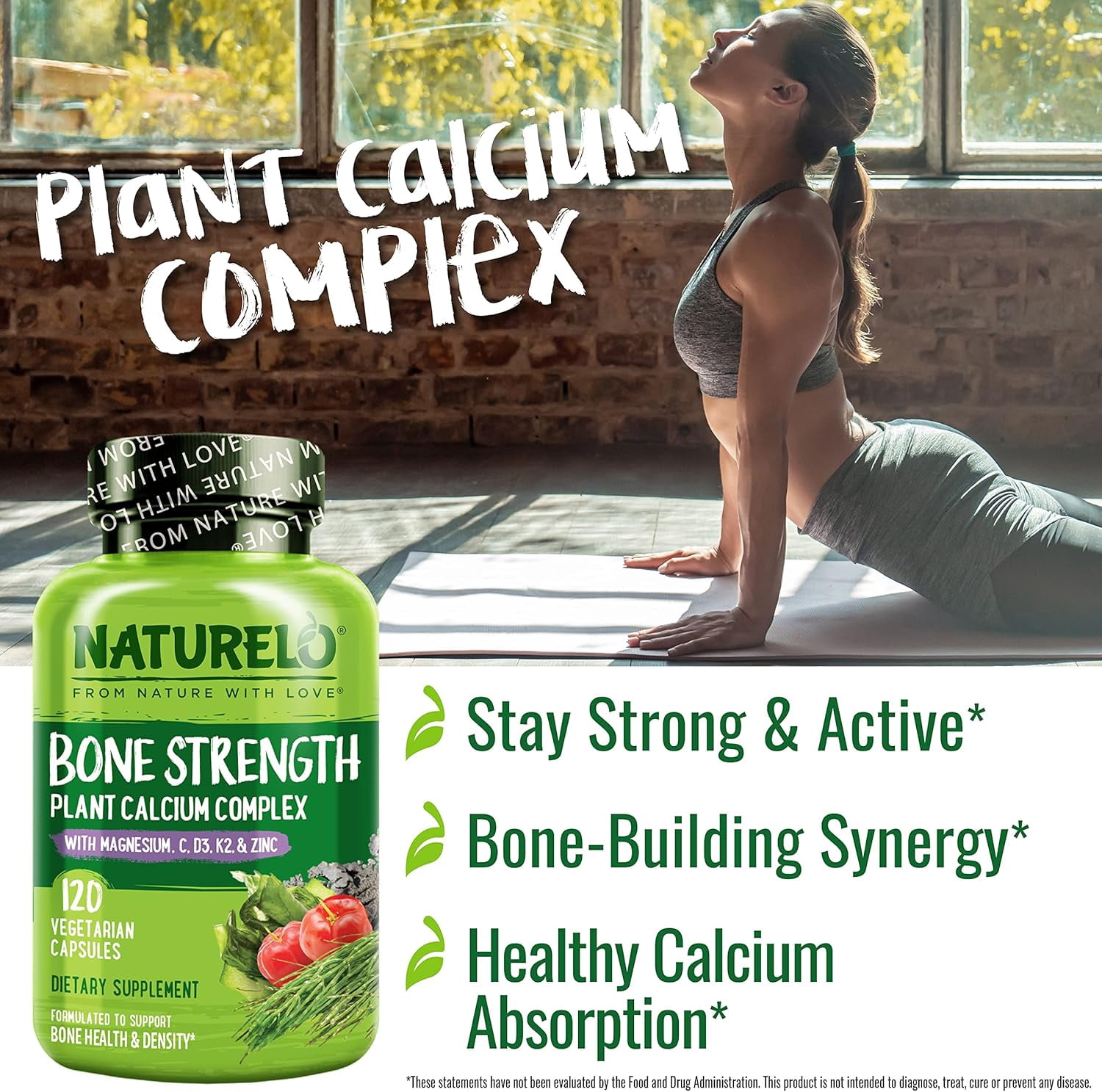NATURELO&nbsp;Calcium&nbsp;Supplement - Vitamin C,&nbsp;Vitamin D3, K2, & Ca Magnesium Zinc for Bone Strength with Calcium 600mg - Plant-Based, 120 Vegetarian Capsules, Non-GMO, Soy & Gluten-Free