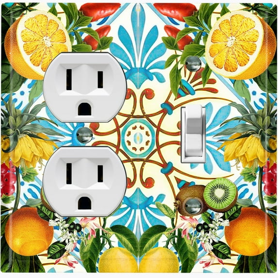 Metal Light Switch Plate Cover Elegant Floral Fruit Leaves Tile Pattern TIL019