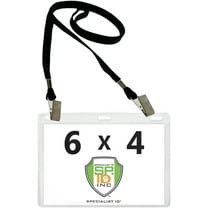 Bulk 100 Pack - 6x4 Badge Holder Horizontal Name Tag Holder & Lanyard with 2 Clips - Extra Large Clear Vinyl Plastic Horizontal 4x6 Badge Holder Sleeve & Premium Lanyards by Specialist ID (Black)