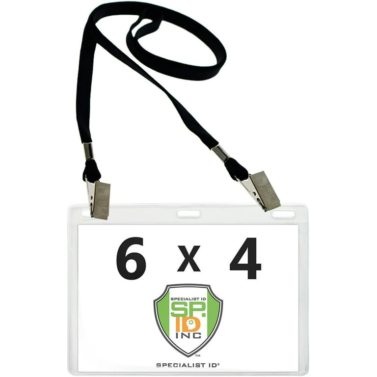 Bulk 100 Pack - 6x4 Badge Holder Horizontal Name Tag Holder & Lanyard with  2 Clips - Extra Large Clear Vinyl Plastic Horizontal 4x6 Badge Holder  Sleeve & Premium Lanyards by Specialist
