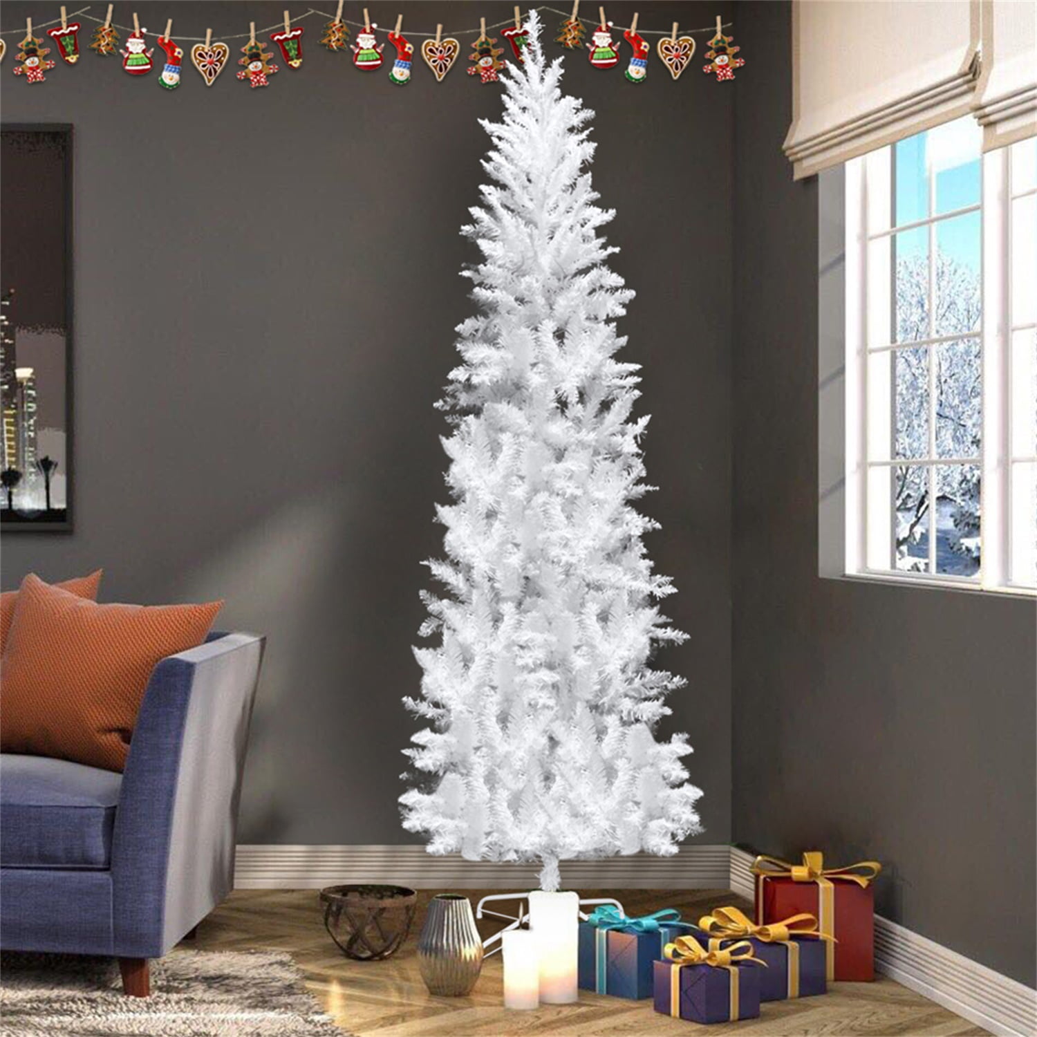 Kepooman 7.5ft Flocking Tied Light Christmas Tree, White Xmas Tree Kepooman 7.5ft Flocking Tied Light Christmas Tree, White Xmas Tree