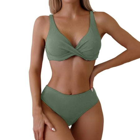 Womens Bikinis Summer Solid Color Spaghetti Strap Bra And Panty Set Sexy Push Up Vintage High Waist Two Piece Tankini Swimsuits For Women Beachwear Green M