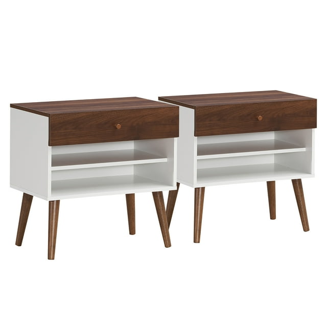 Costway Table de Chevet 2 Pcs Table d'Extrémité Latérale Tiroir Étagère de Rangement Style Mi-Siècle Pied en Bois de Caoutchouc