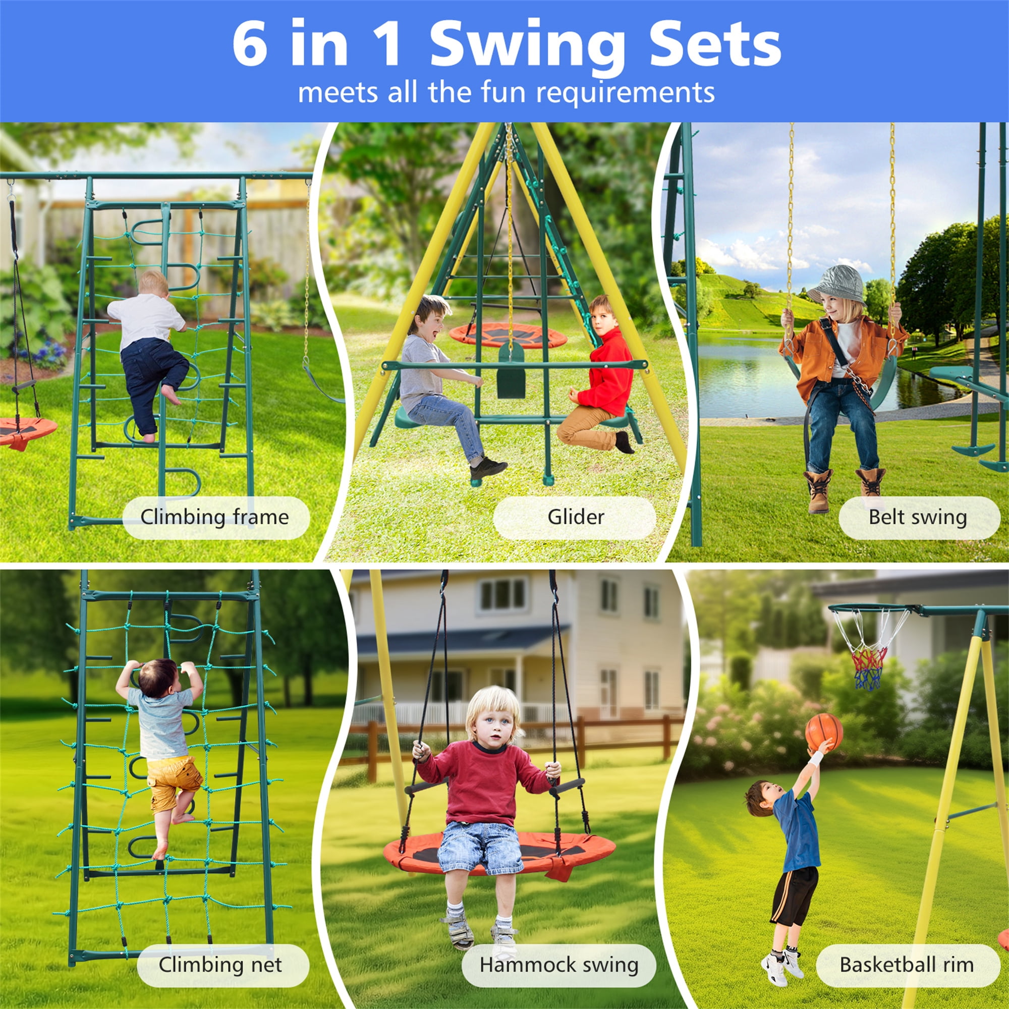 Aukfa 7 in 1 Kids Swing Set, Outdoor Heavy-Duty Metal Playset for Backyard with Fun Glider, Climbing