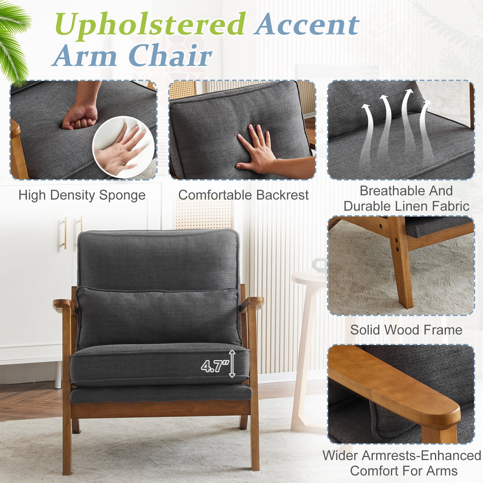Ktaxon Accent Chair Line Fabric Upholstered Armchair, Reading Club Chair with Pillow for Living Room Bedroom Furniture Gray