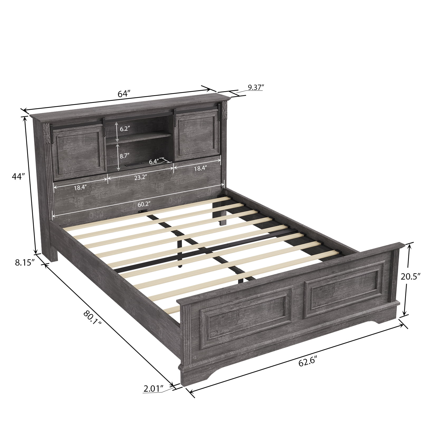BOSHIRO Queen Size Bed Frame with Charging Station, Farmhouse Headboard with Sliding Barn Doors and Storage, Platform Design with Bracket Footboard, Noiseless, No Box Spring Required, Grey