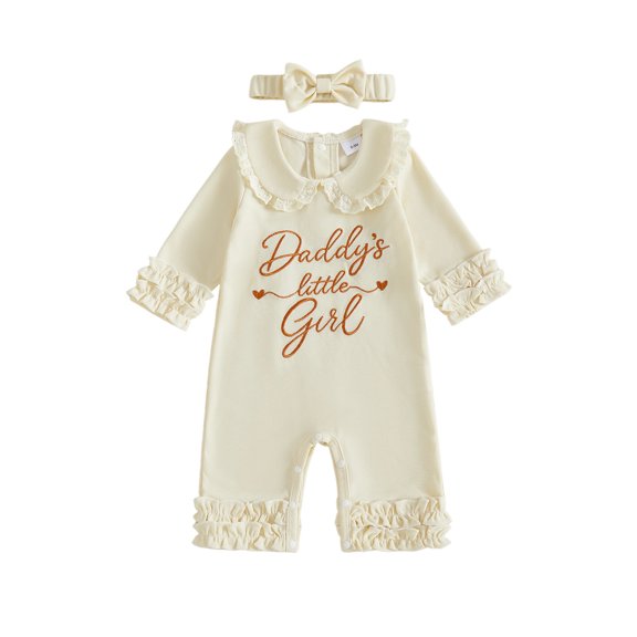 Cjfdfy Newborn Baby Girl Fall Clothes Daddy's Little Girl Long Sleeve Waffle Knit Ruffle Trim Romper and Headband Infant Cute Coming Home Fall Winter Outfit 0-18M