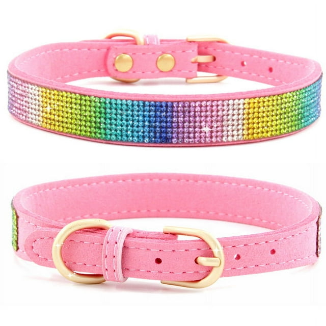 Jinsinto Rhinestone Cat Collar with Bells, Colorful Shiny Crystals, Adjustable Collars, Puppies (Pink, Size XS)