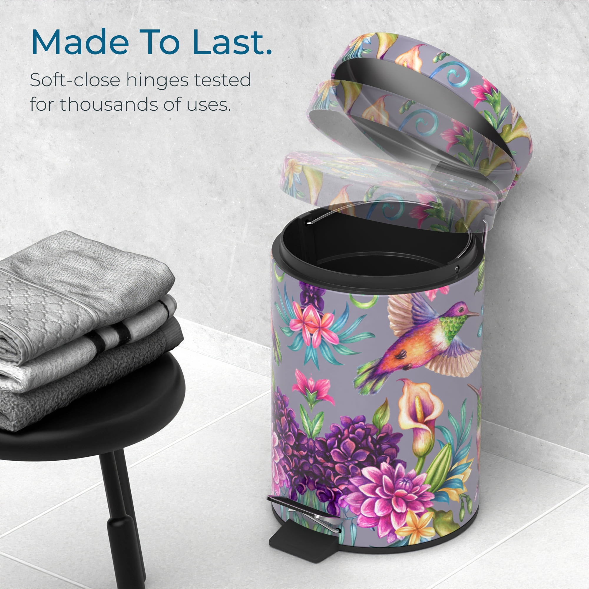 Sanilo Trash Can 1.3 Gallon with Soft Close, Many New Cosmetic and Kitchen Waste Bins Available, Bathroom Bin with Inner Bucket (Hummingbird)