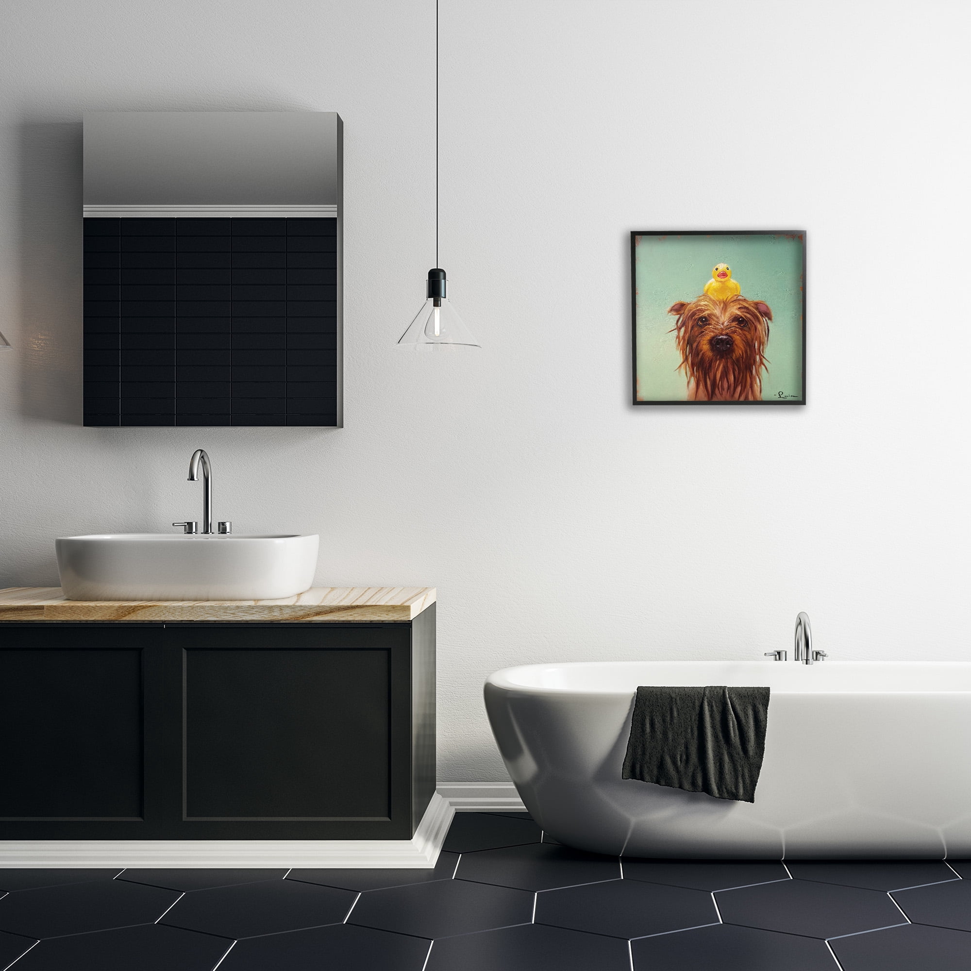 Stupell Industries Wet Dog with a Rubber Ducky Animals & Insects Painting Black Framed Art Print Wall Art, 17 x 17
