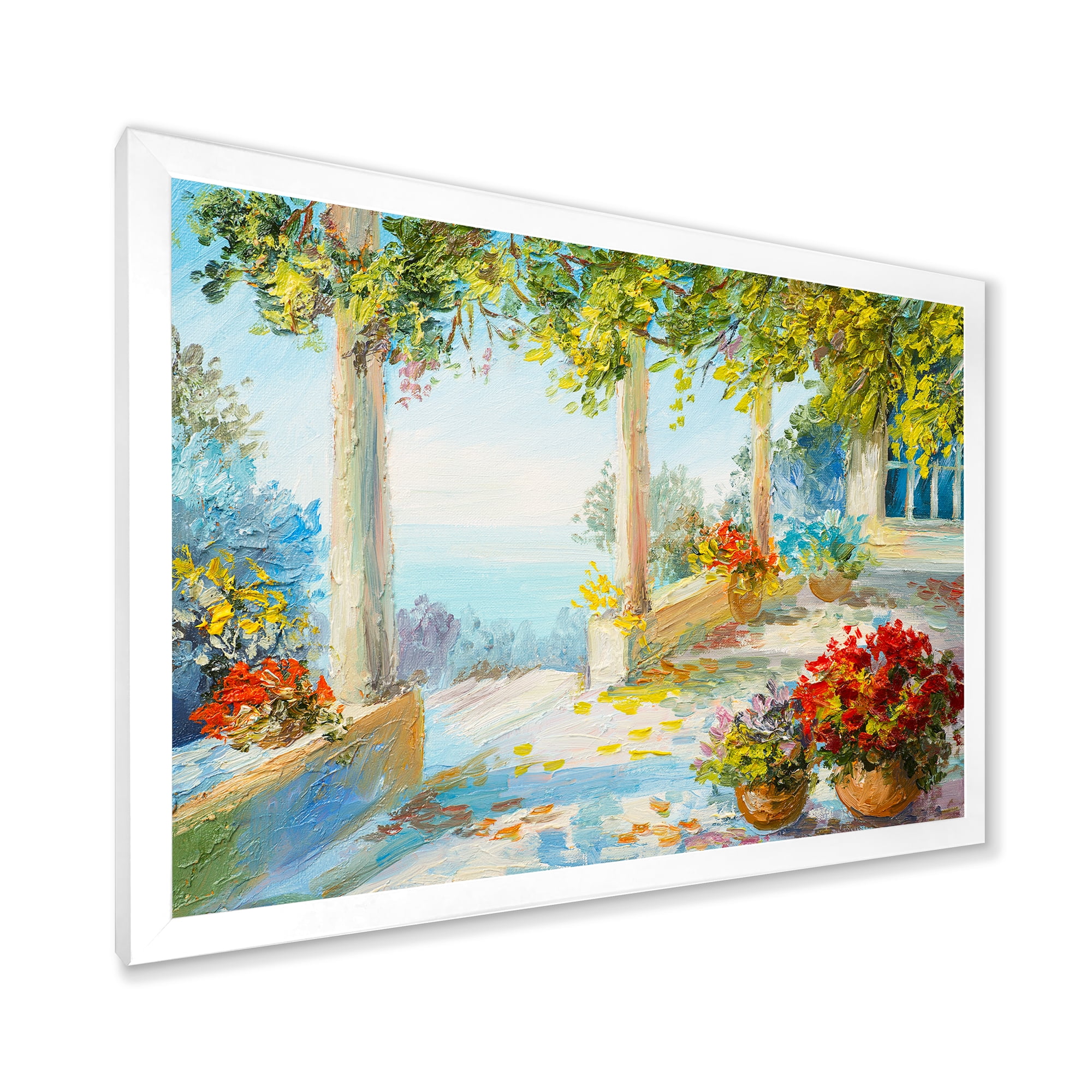 Designart 'Terrace With Red Flowers Near The Sea' Nautical & Coastal Framed Art Print