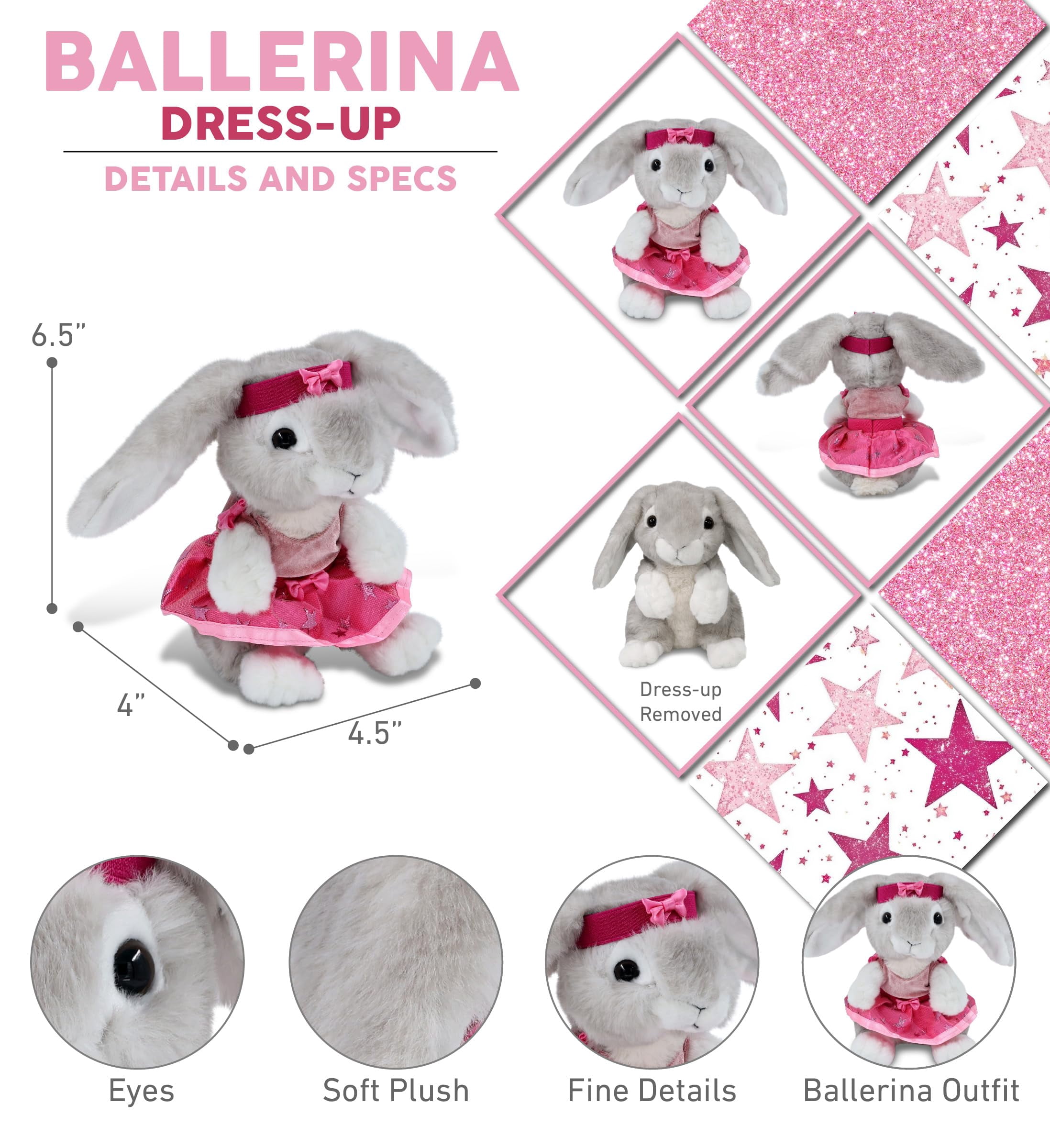 DolliBu Grey Rabbit Stuffed Animal with Ballerina Dress Up Set - Cute Rabbit Plush Toy in Ballet Costume with Tutu Skirt, Headband, and Shirt for Kids and Adults - 6.5 Inches