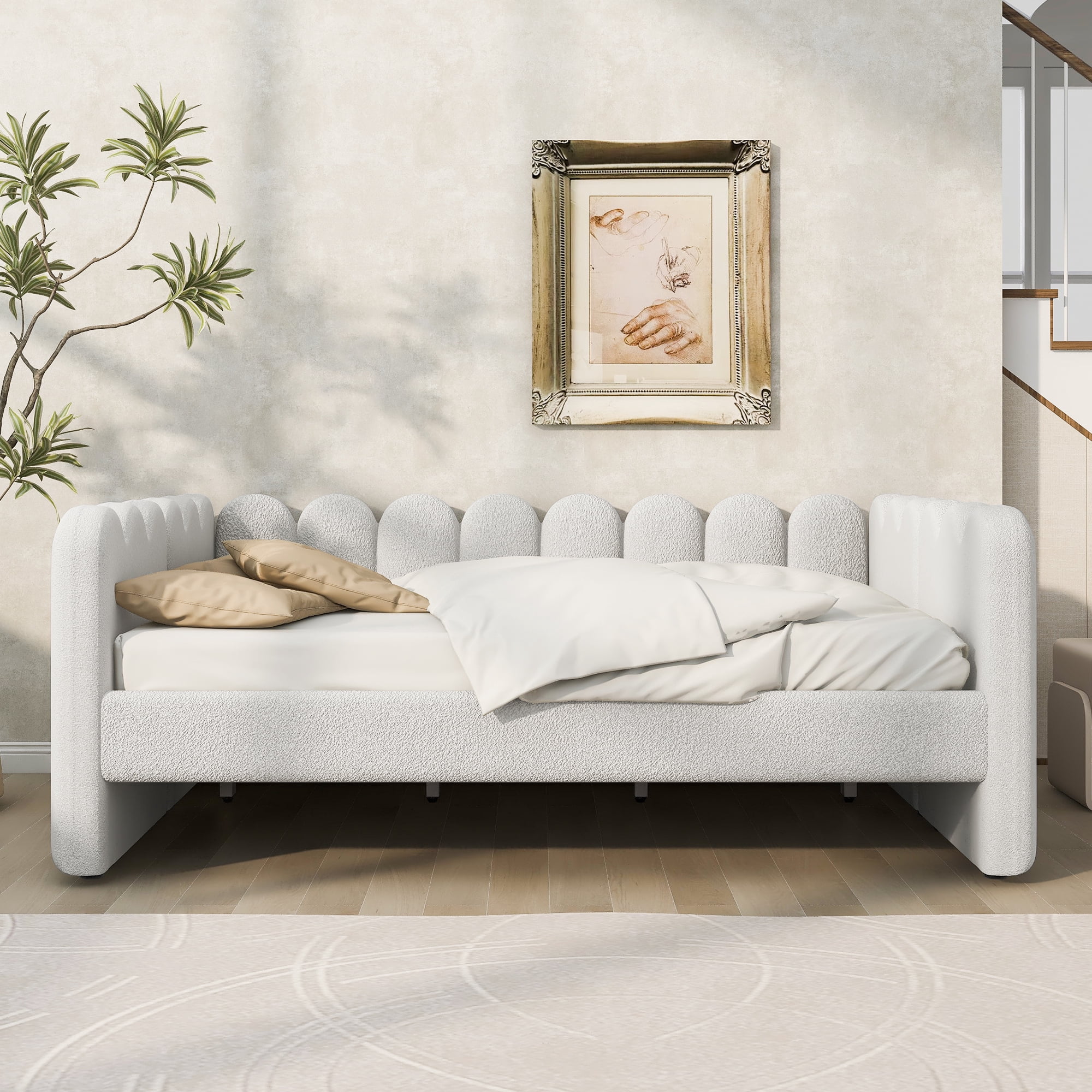 EUROCO Queen Size Upholstered Daybed with Sturdy Wood Slats, Solid Sofa Bed Frame, Easy Assembly, Space-Saving Design, White