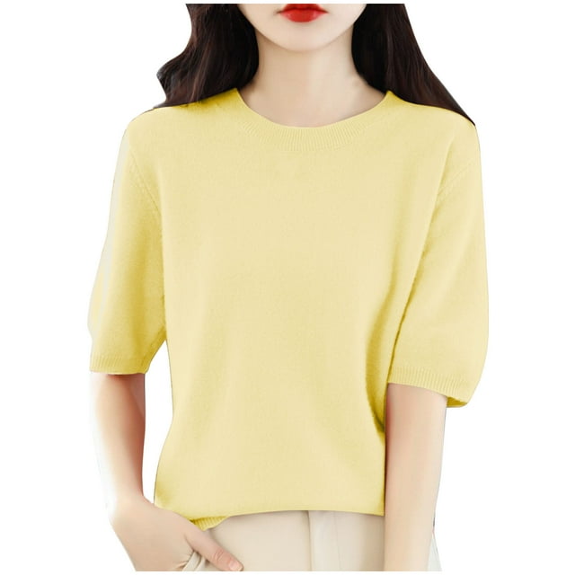 FAIWAD Chandail à Manches Courtes pour Femme, Col Rond, Manches Bouffantes, Léger, Haut d'Été
