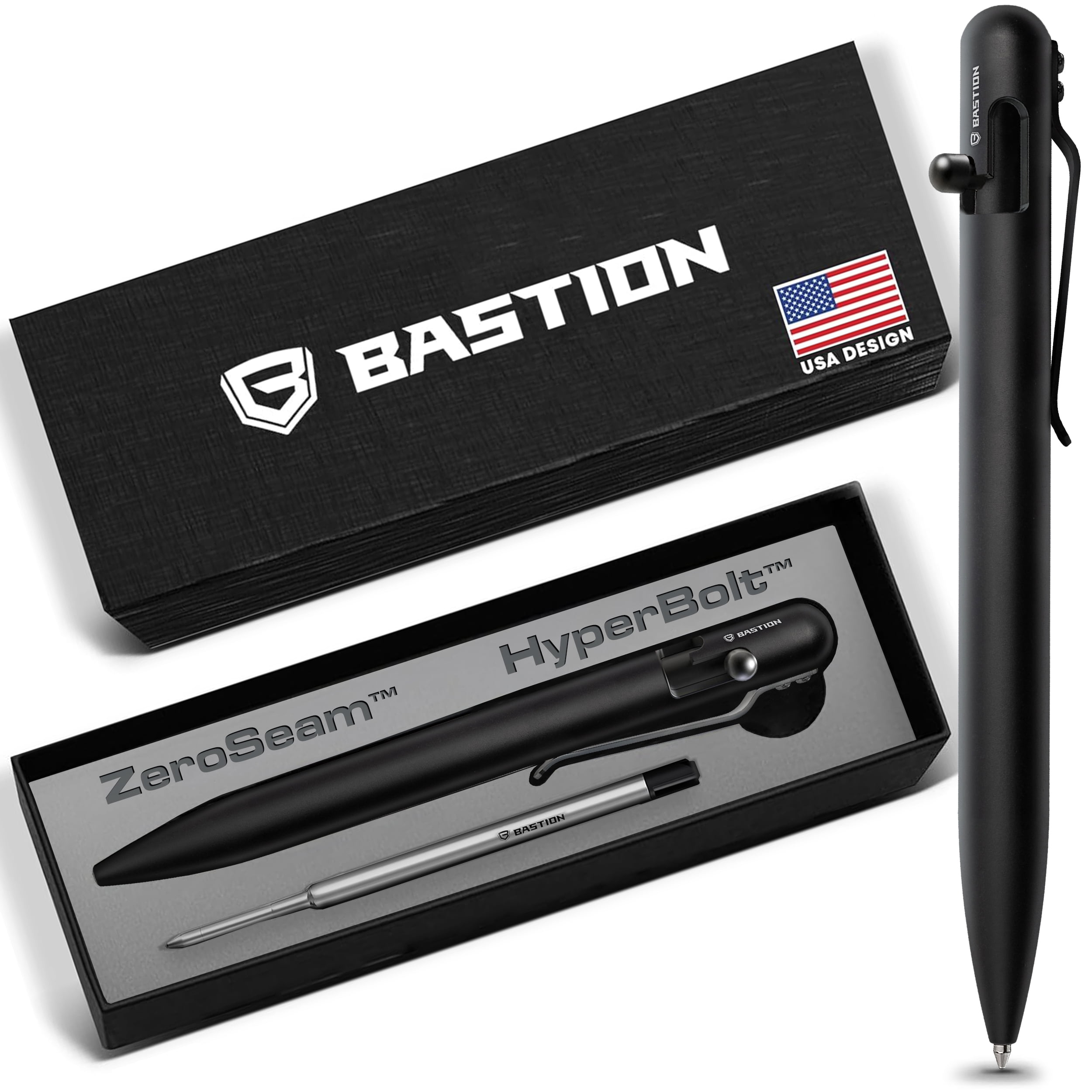 Bastion Stainless Steel Bolt Action Pen, Jet Black, Ballpoint Refillable, 1 Count