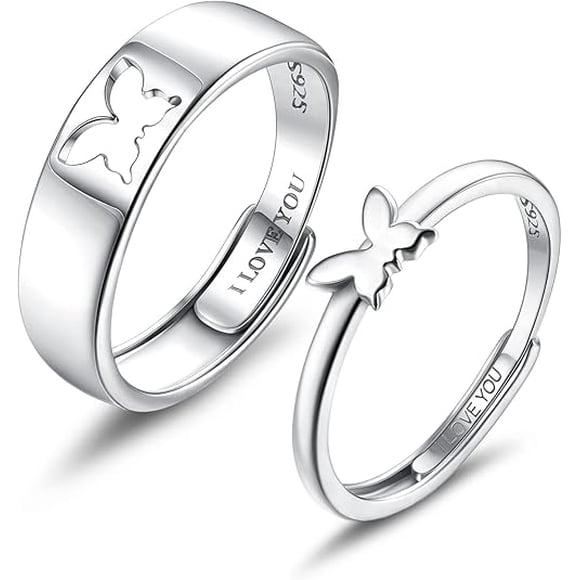 MILACOLATO Matching Rings for Couples 925 Sterling Silver Matching Heart Promise Rings I Love You Engagement Wedding Ring Sets for Him and Her Adjustable Butterfly Matching Rings Valentines Day Gifts