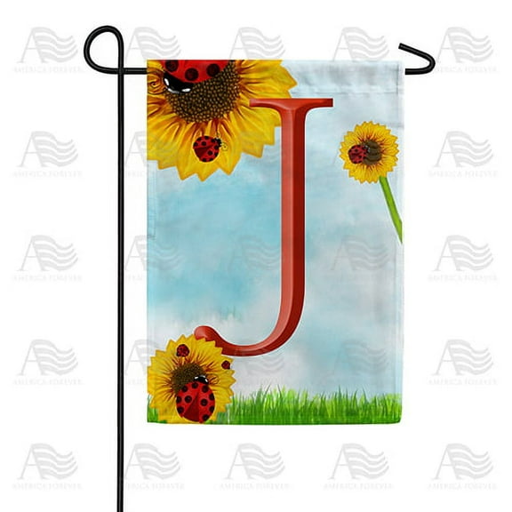 America Forever Summer Sunflower Ladybugs Monogram Garden Flag Letter J 12.5 x 18 inches Yellow Floral Spring Double Sided Vertical Outdoor Yard Lawn Decorative Yellow Hello Sunshine Garden Flag